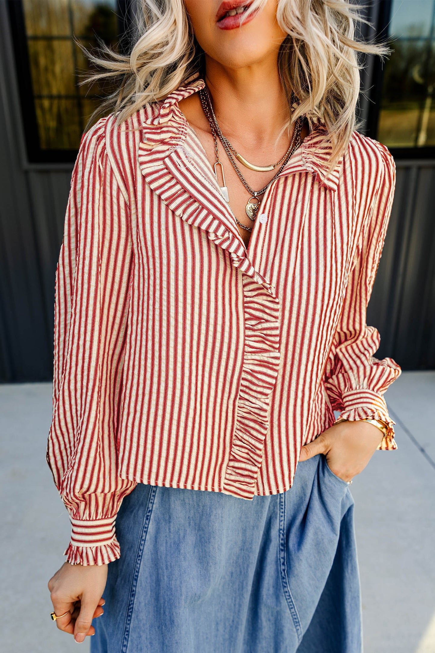 Red Stripe Textured Ruffle Trim Button-Up Long Sleeve Shirt