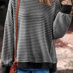 Black Stripe Ribbed Trim Drop Shoulder Long Sleeve Oversize Top