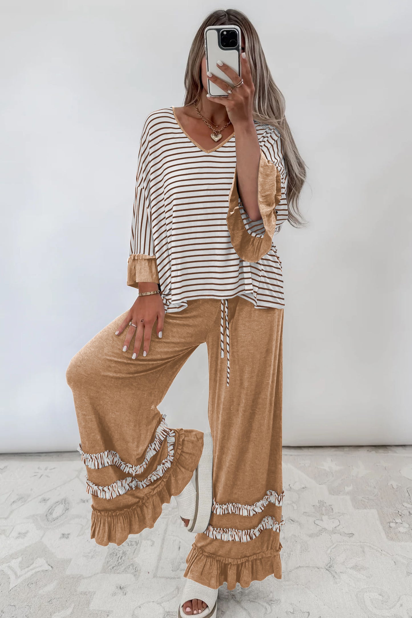 Khaki Stripe V Neck Ruffle Contrast Sleeve Top Drawstring Pants 2pcs Set