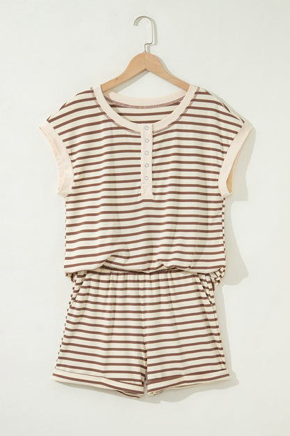 Brown Stripe Half Buttons Top and Shorts Set