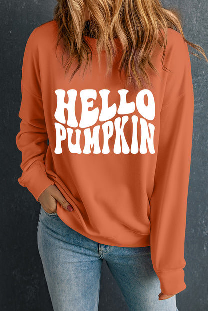 Sweat-shirt d'Halloween orange à épaules tombantes et motif citrouille Hello