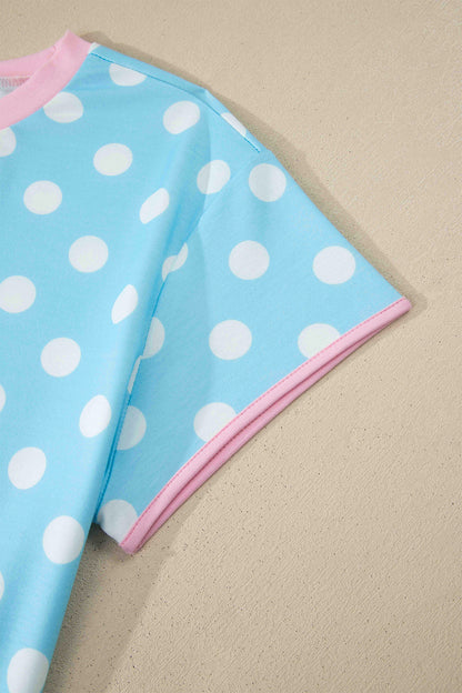 Sky Blue Polka Dot Short Sleeve Top and Pants Set