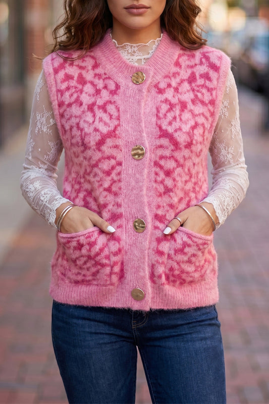 Pink Leopard Print Knit Sleeveless Regular Wash Sweater Vest