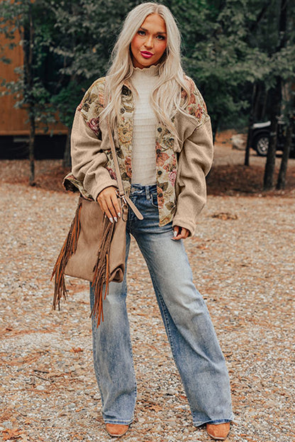 Khaki Floral Waffle Knit Patchwork Chest Pockets Buttoned Jacket