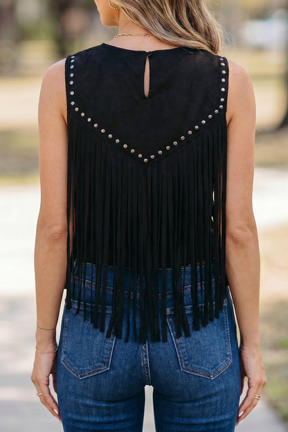 Black Western Fringe Rivet Paneling Bust Sleeveless Top