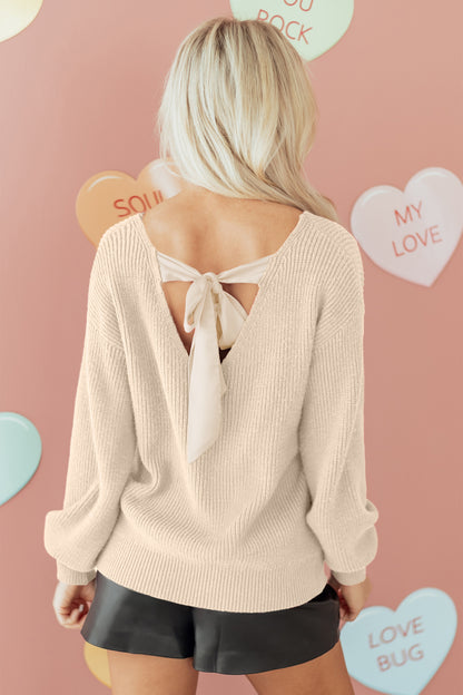 Black Ribbed Knit Ribbon Knot Backless Drop Shoulder Sweater