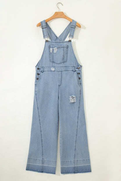 Mist Blue Retro Distressed Button Adjustable Straps Denim Overall Jumpsuit
