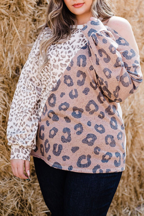 Plus Size Leopard Color Block Asymmetrical Cold Shoulder Top