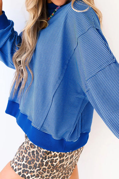 Blue Stripe Ribbed Cuffs Hem Long Sleeve Pullover Top