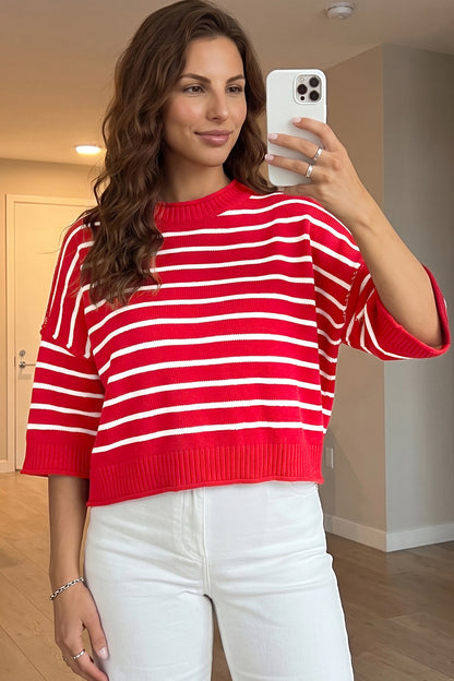 Red Stripe Dropped Shoulder Half Sleeve Relaxed Knit Sweater