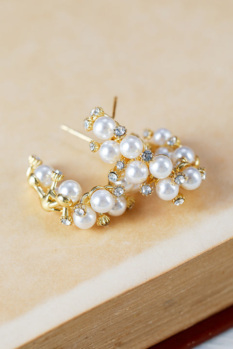 Pendientes de aro con diamantes de imitación y perlas artificiales blancas 