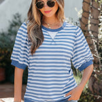 Sky Blue Stripe Short Bubble Sleeve T Shirt