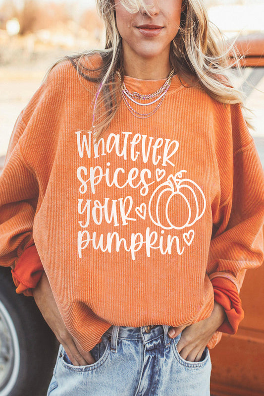 -3 Pumpkin Letter Print Oversized Corduroy Sweatshirt