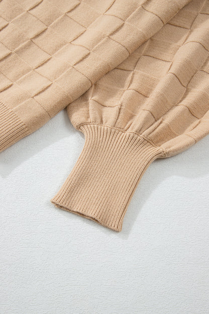 Pull en tricot texturé à carreaux uni beige clair grande taille