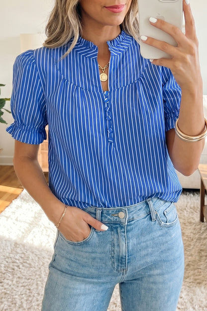 Red Stripe Ruffled Short Puff Sleeve Button Front Blouse