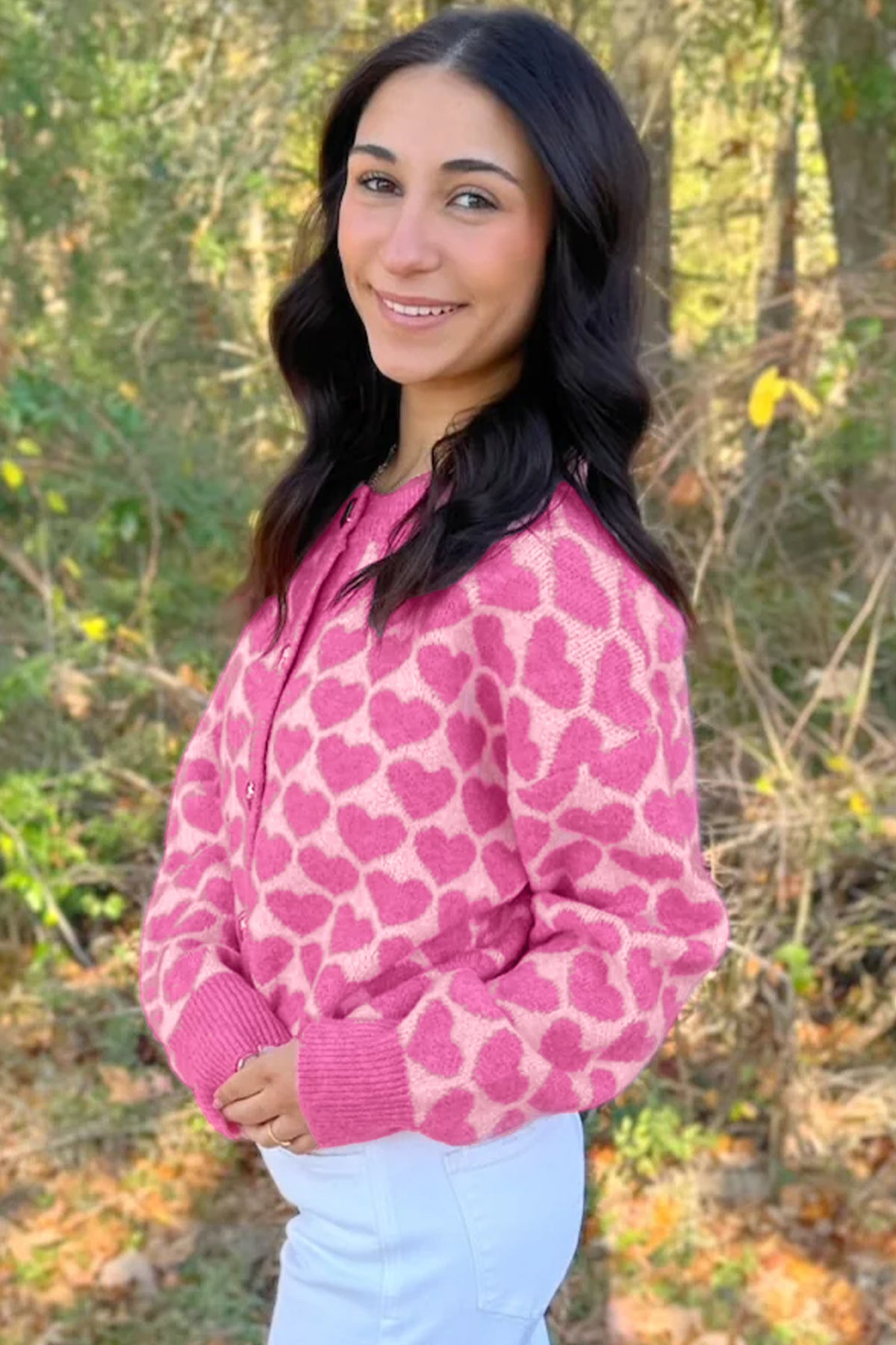 Pink Heart Pattern Drop Shoulder Long Sleeve Button Front Cardigan