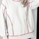 White Rainbow Stitching Balloon Sleeve Relaxed Sweater