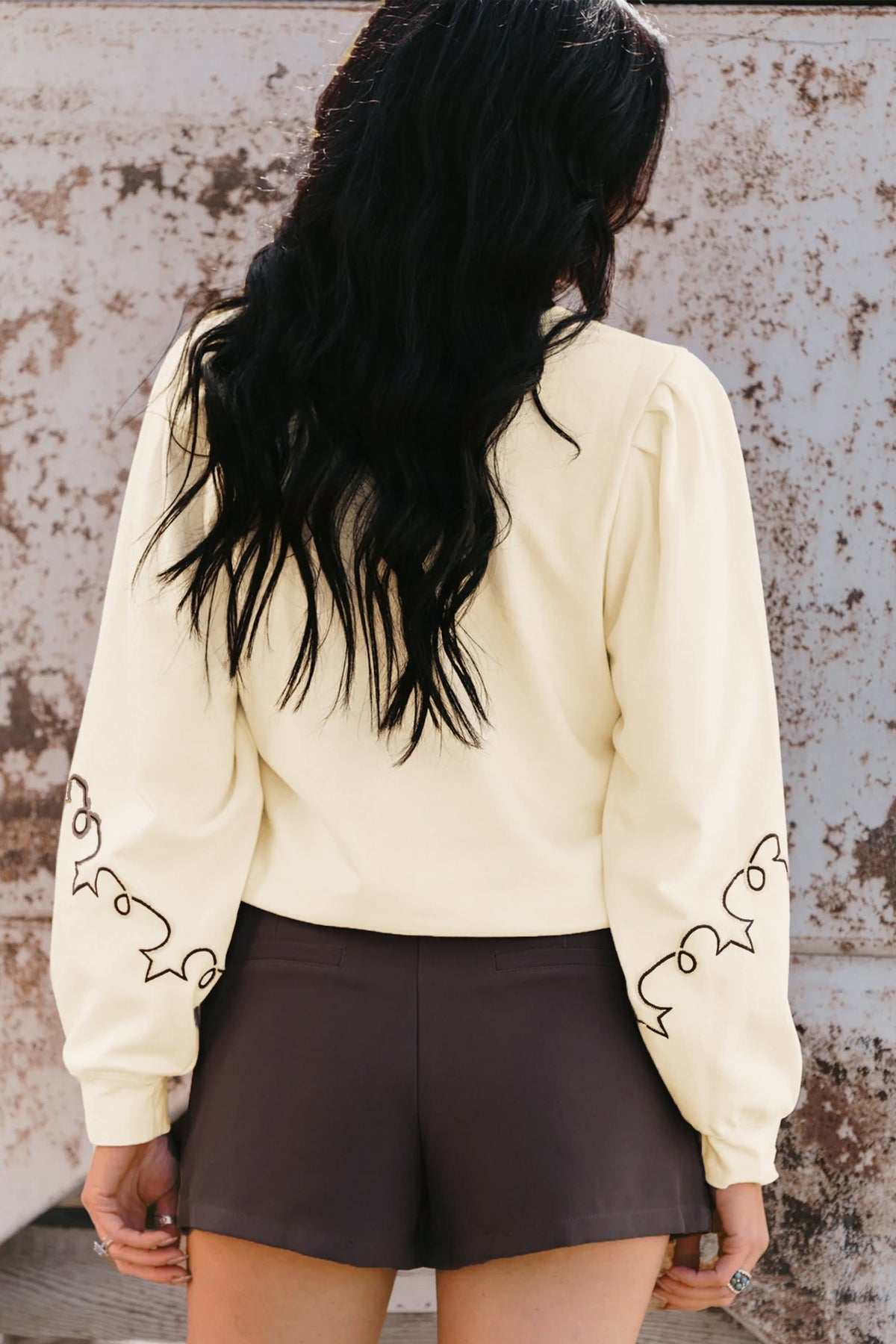 Cream White Embroidered Western Print Long Sleeve Half Button Top