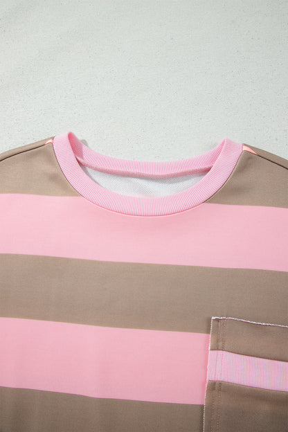 Pink Stripe Striped Colorblock Patch Pocket Split Hem Oversized Long Sleeve Sweatshirt
