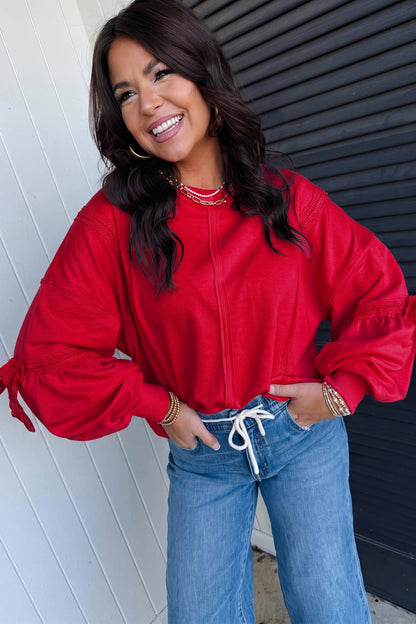 Fiery Red Solid Color Raw Seam Lace Detail Loose Casual Sweatshirt
