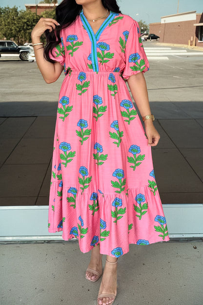 Pink Plus Size Striped V Neck Ruffled Floral Long Dress