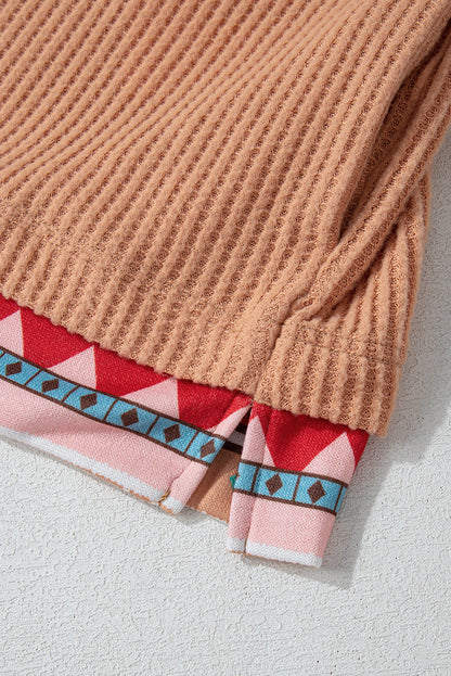 Sweat à capuche kaki en tricot gaufré patchwork aztèque grande taille