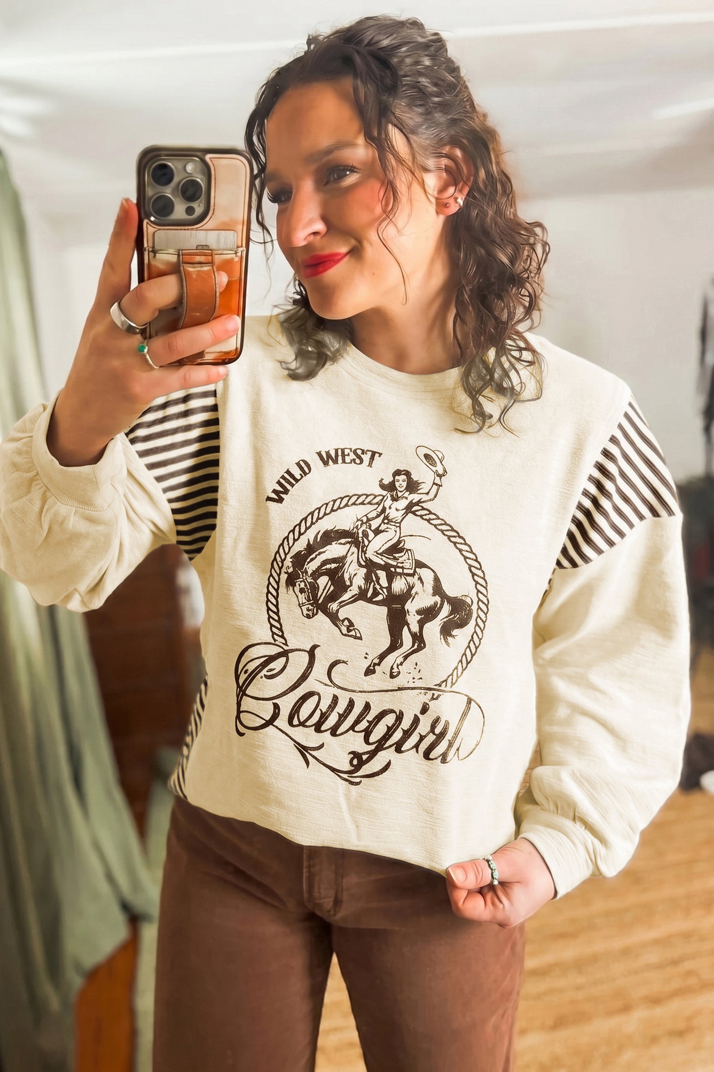 Jet Stream Western Print Striped Detail Long Sleeve Casual Top