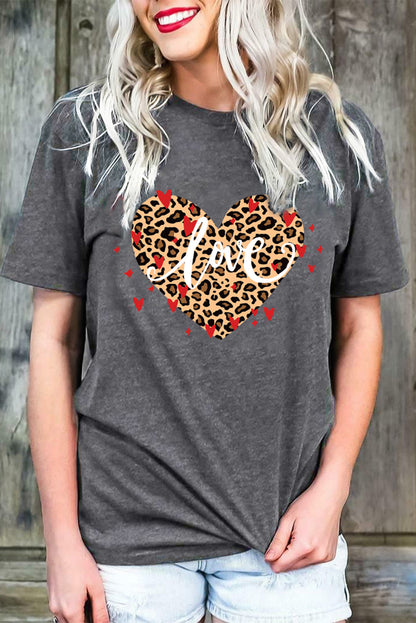 T-shirt à manches courtes imprimé léopard en forme de cœur pour la Saint-Valentin