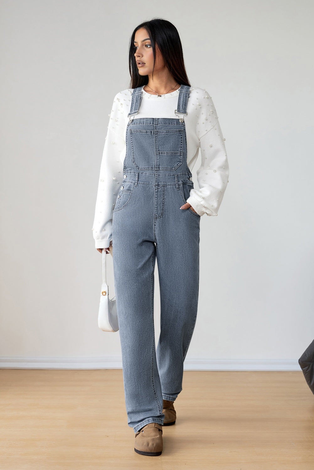 Light Blue Retro Bib Pocket Buckle Straps Casual Denim Jumpsuit