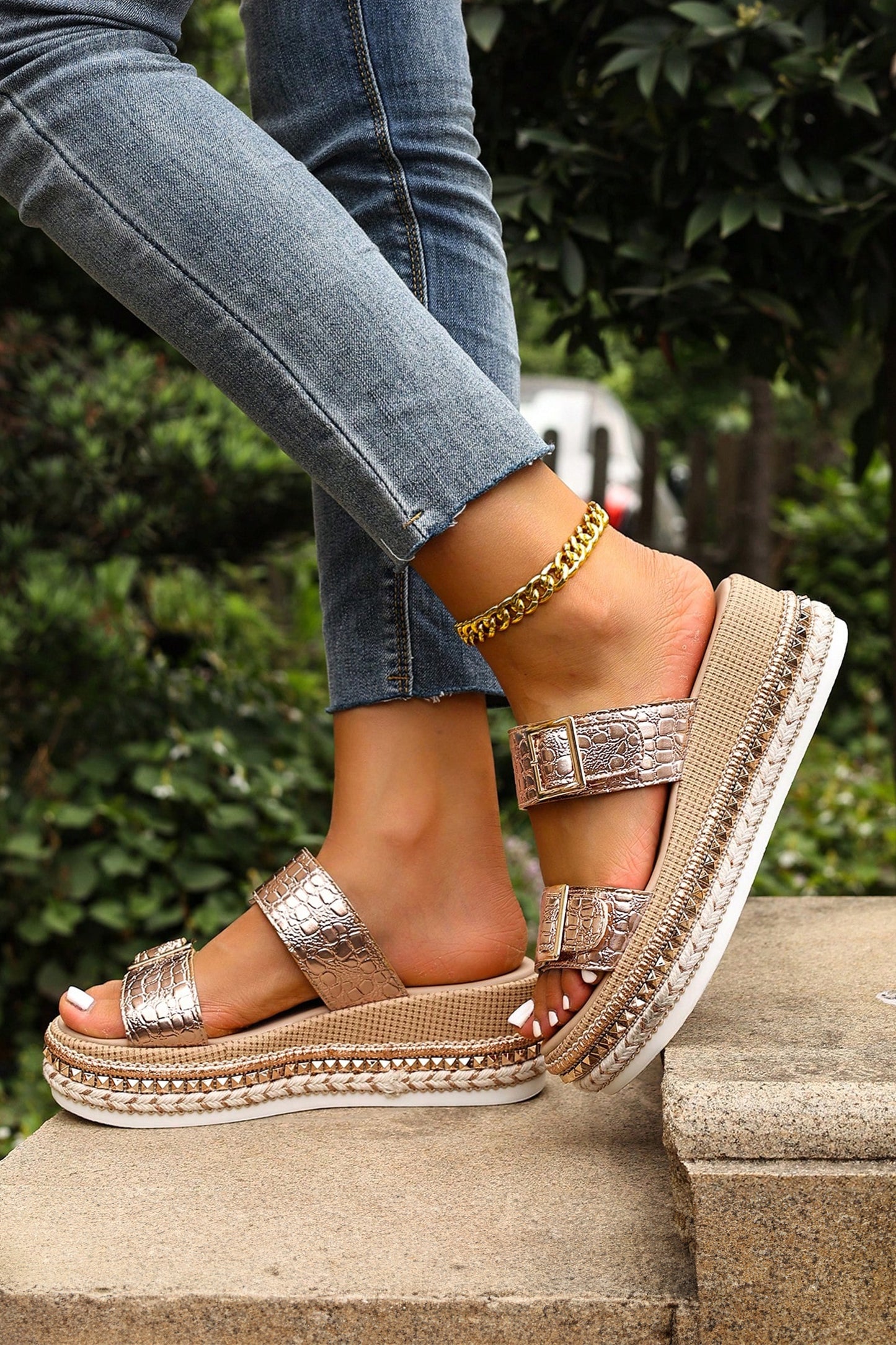 Gold Metallic Textured PU Leather Buckle Wedge Platform Slippers