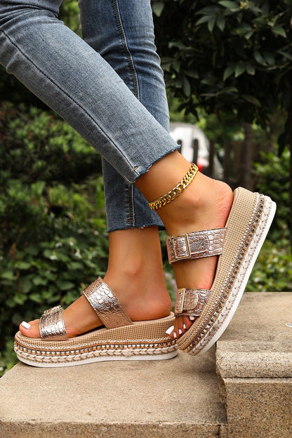 Gold Metallic Textured PU Leather Buckle Wedge Platform Slippers