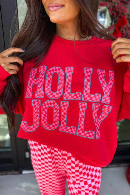 Red Christmas Slogan Graphic Plaid Contrast Two-piece Pant Set
