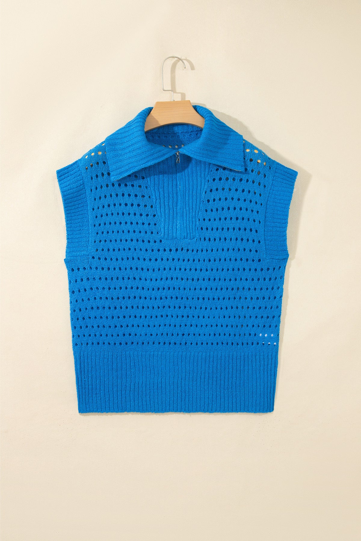Sky Blue Solid Color Hollowed Knit Short Sleeve Zipper Collar Knitwear Top