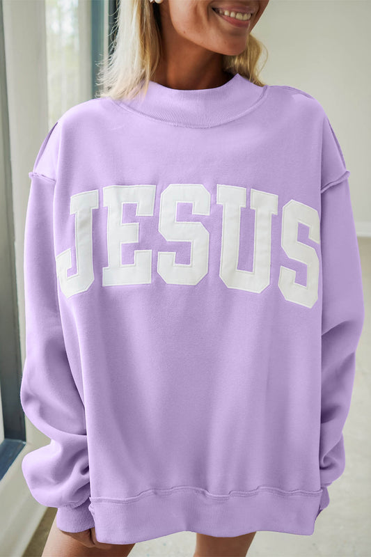 Orchid Bouquet JESUS Letter Patch Graphic Exposed Seam Mock Neck Baggy Sweatshirt
