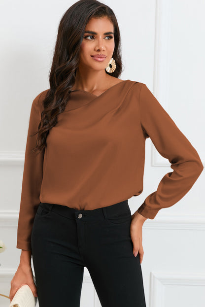 White Solid Asymmetric V Neck Long Sleeve Satin Blouse