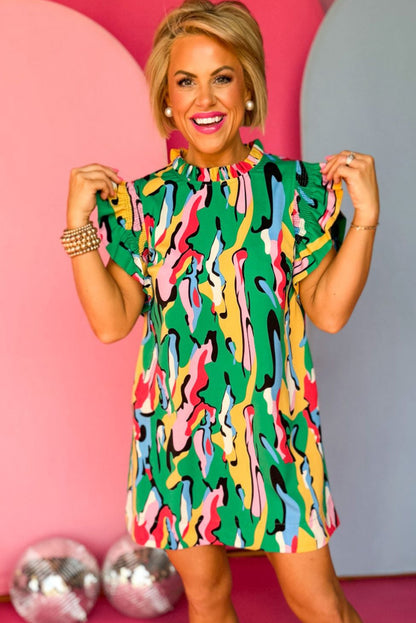 Mini-robe verte à imprimé abstrait, col à volants et manches à volants