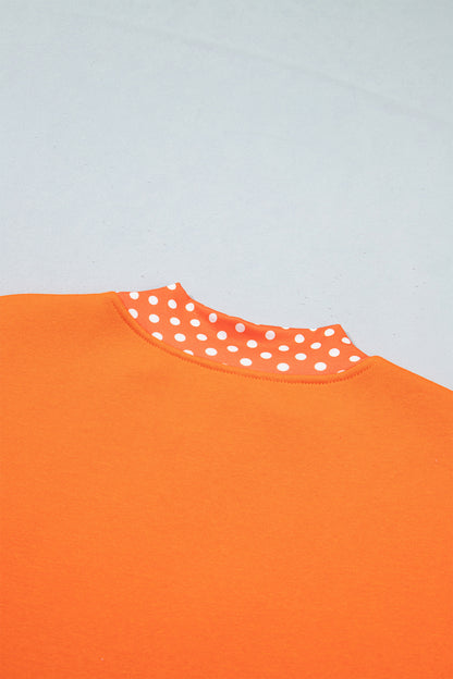 Grapefruit Orange Polka Dot Letter Print Contrast Trim Mock Neck Sweatshirt