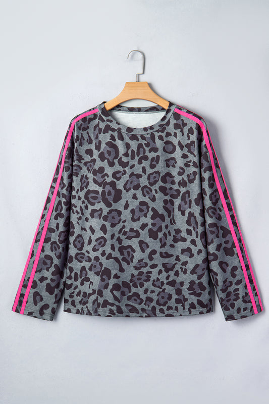 Gray Leopard Print Varsity Striped Trim Long Sleeve Top