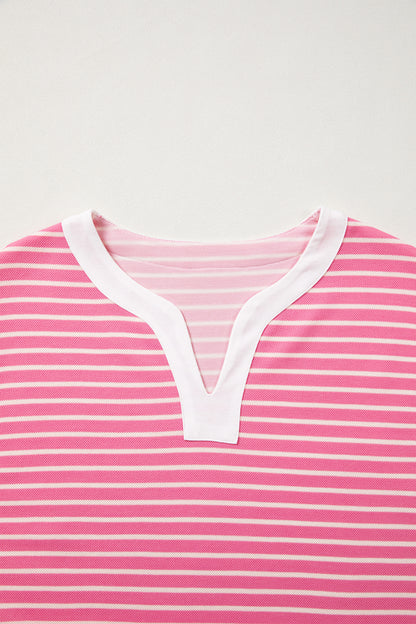 Pink Stripe Color Block Trim Notched Neck Sleeveless Shift Mini Dress