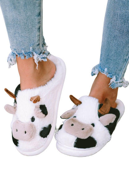Chaussons blancs en peluche motif vache et animaux de dessin animé 