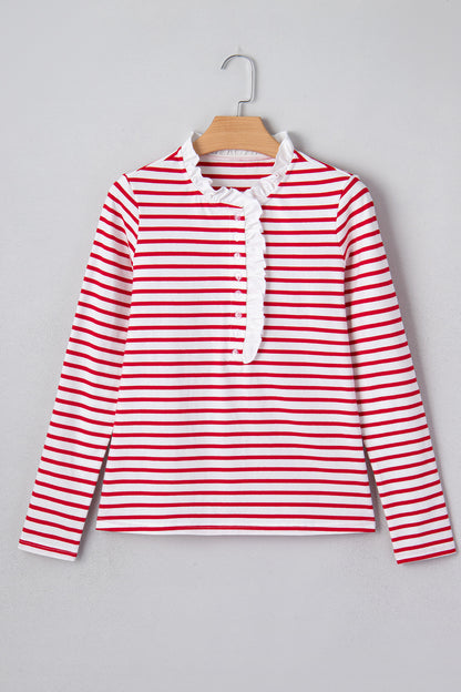 Red Stripe Contrast Frilled Trim Half Button Long Sleeve Top