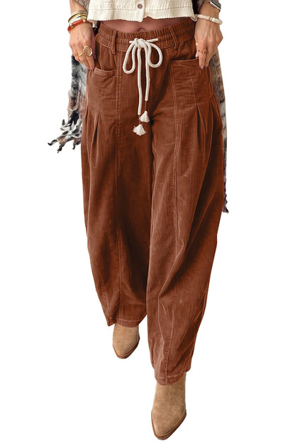 Chestnut Elastic Waist Drawstring Corduroy Casual Pants