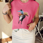 Bright Pink Western Cowboy Embroidery Round Neck Sleeveless Sweater