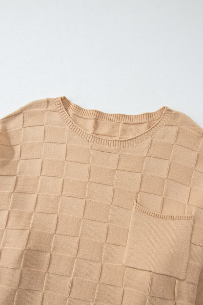Pull en tricot texturé à carreaux uni beige clair grande taille