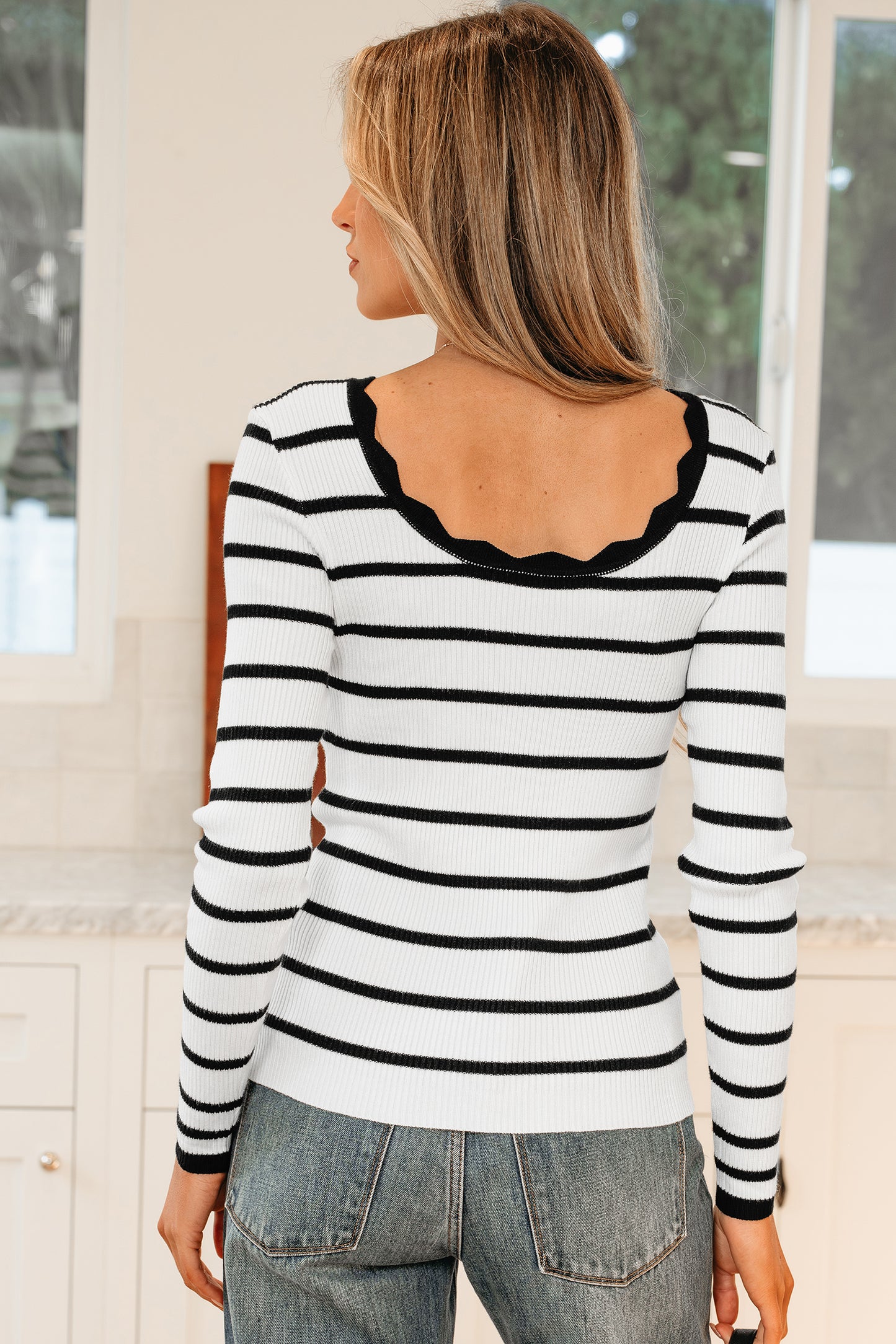 Bright Green Scalloped Trim U Neck Striped Ribbed Slim Sweater