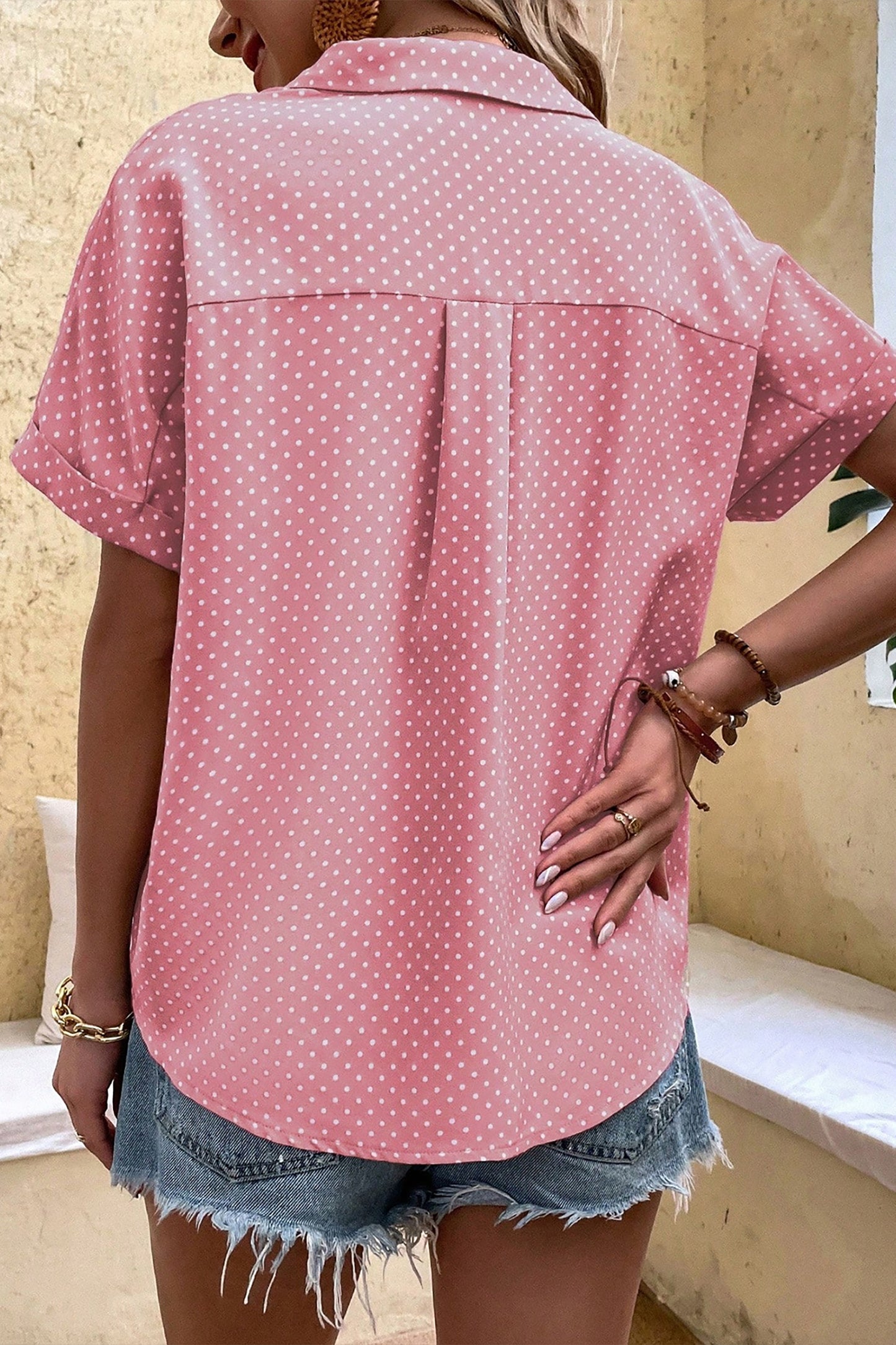Pink Dotted Print Cuffed Short Sleeve Shirt