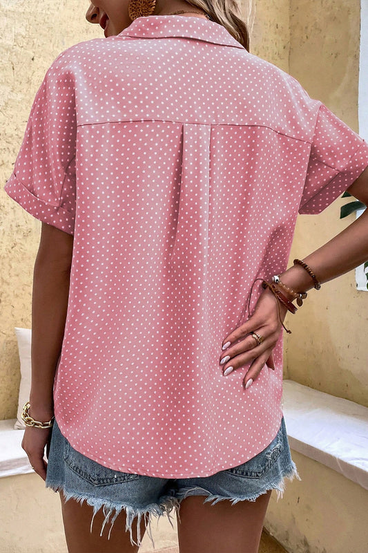 Pink Dotted Print Cuffed Short Sleeve Shirt