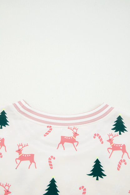Pink Bow Christmas Tree Print Contrast Striped Banding 2pcs Lounge Set