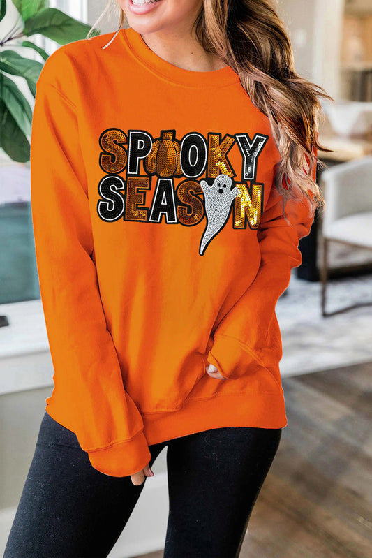 Sweat-shirt à motif fantôme Halloween à paillettes orange roux SPOOKY SEASON