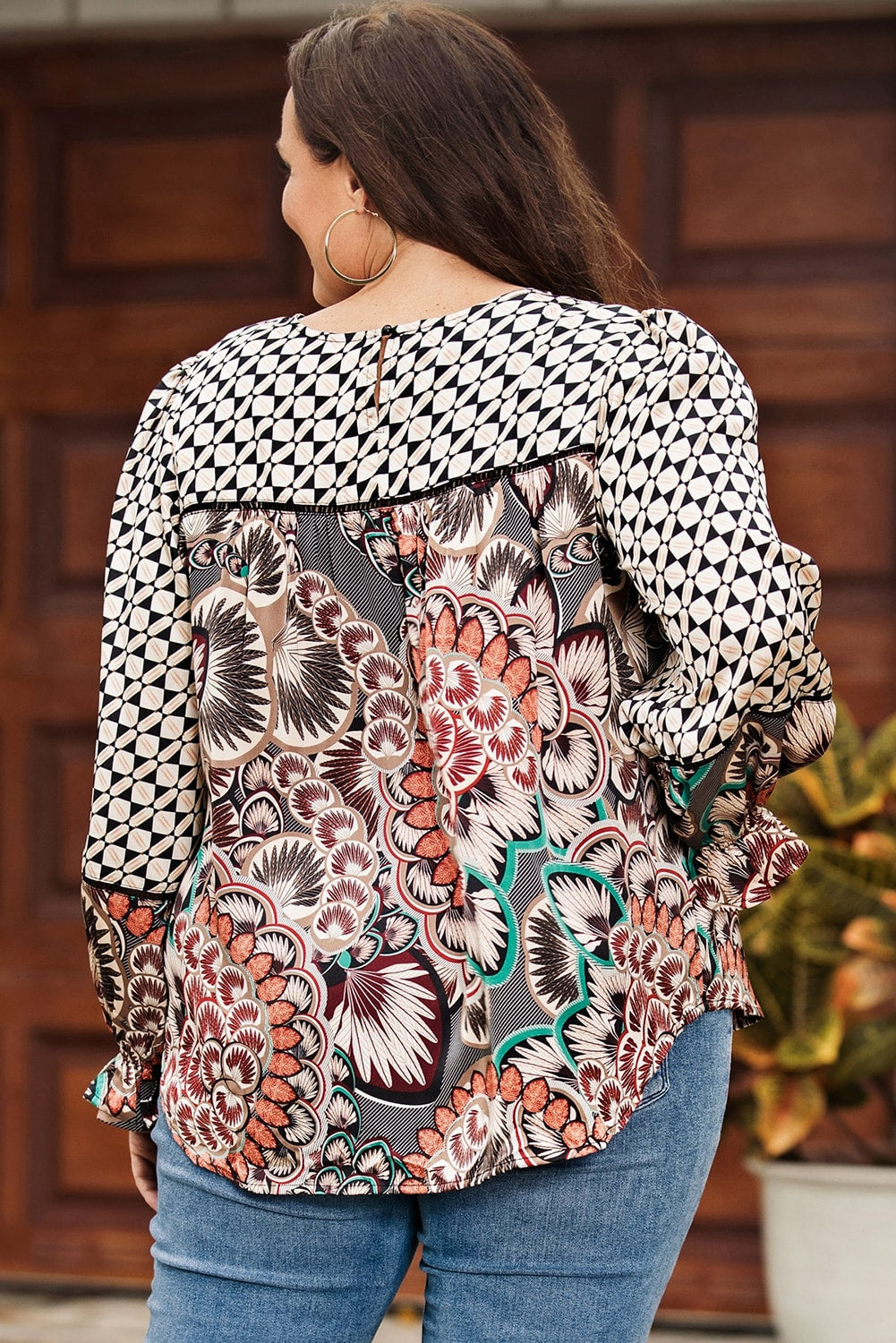 Black Mixed Floral Geometric Print Ruffled Long Sleeve Blouse